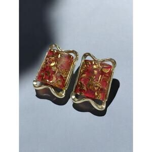 Vintage 50s PAM Pink Lucite Gold Crescent Moon Lucite Clip On Earrings Rectangle